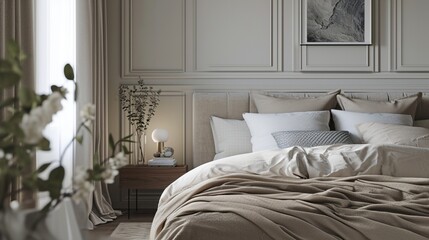 Pastel beige and grey bedding on bed. Minimalist, french country interior design of modern bedroom.