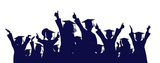 Happy crowd of graduates children in square academic caps. Cheerful people silhouette. Graduation ceremony. Vector  illustration.