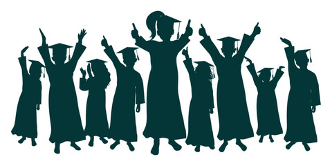 Happy crowd of graduates children in square academic caps. Cheerful people silhouette. Graduation ceremony. Vector  illustration.