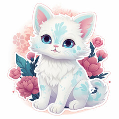 cute white cat, sticker in pink and aquamarine tones. kitty, kitten and flowers. pet icon.