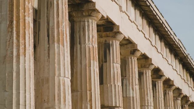 Collonade of Temple of Hephaestus in Ancient Agora, Athens, Greece. Ancient Greek architecture. Popular travel destination