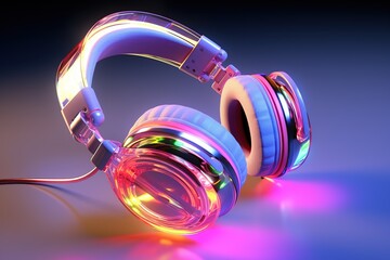 3D rendering of headphones in blue and pink light on a dark background, Ai Generated