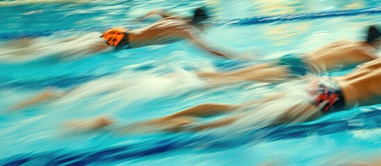 Blurred motion of swimmers in freestyle race.