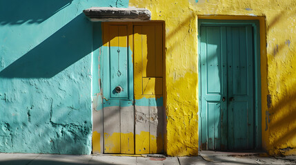 Colorful Vintage Doors Sunshine Shadows Old Building Facade