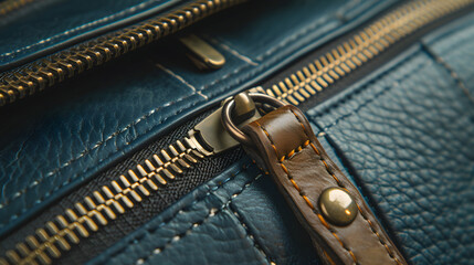 Closeup of Leather Suitcase with Zipper Detail Texture and Craftsmanship Concept - obrazy, fototapety, plakaty