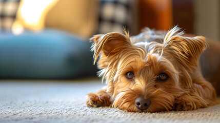 Yorkshire Terrier Lying on Carpet Indoor with Warm Light Cozy Pet Relaxation Scene
