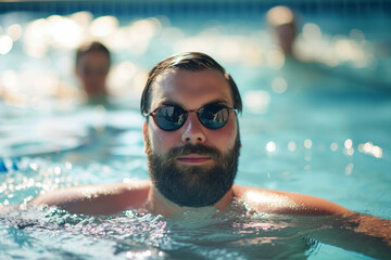 A bearded mature man is swimming in the pool wearing swimming goggles. water sports, water treatments.