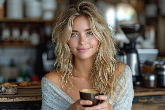 bella joven modelo rubia de ojos azules sujetando una taza de café en las manos, sobre fondo desenfocado de cafetería   con armarios de madera