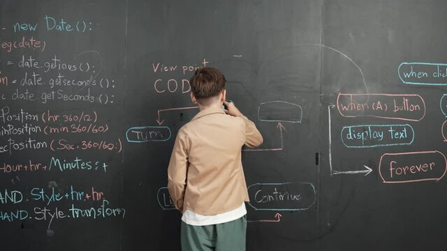 Back view of smart boy writing engineering prompt on blackboard. Attractive happy student planing a project by using coding and programing system in STEM technology classroom. Closeup. Erudition.