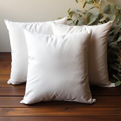 Three white pillows. Small 3D pillows interior design. Pillow template blank for inscriptions. Clean and white bed linen in your home or hotel.