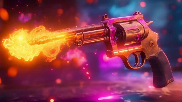 Revolver gun shooting fire slow motion neon cyber background wallpaper