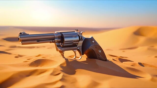 Revolver gun in desert buried in sand slow cinematic motion background wallpaper 