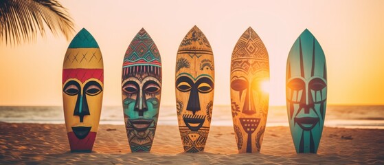 Surfboards with Face Pattern. Surfboards on the beach. Vacation concept.  Surfboards on the beach at sunset - vintage effect style pictures. Panoramic banner. 