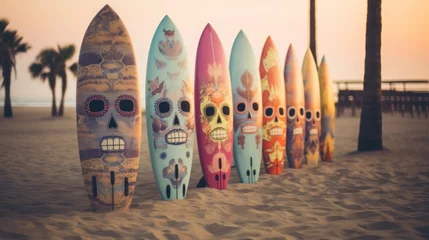 Foto op Plexiglas Surfboards with Face Pattern. Surfboards on the beach. Vacation concept.  Surfboards on the beach at sunset - vintage effect style pictures.  © John Martin