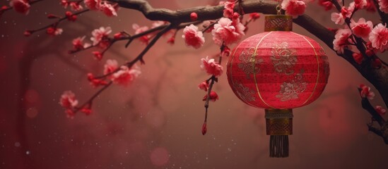 chinese lantern and flowers on red background - obrazy, fototapety, plakaty