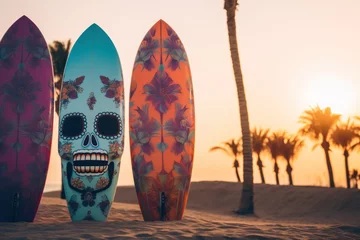 Fototapeten Surfboards with Face Pattern. Surfboards on the beach. Vacation concept.  Surfboards on the beach at sunset - vintage effect style pictures.  © John Martin