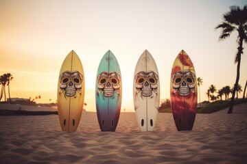 Surfboards with Face Pattern. Surfboards on the beach. Vacation concept.	 Surfboards on the beach at sunset - vintage effect style pictures. 