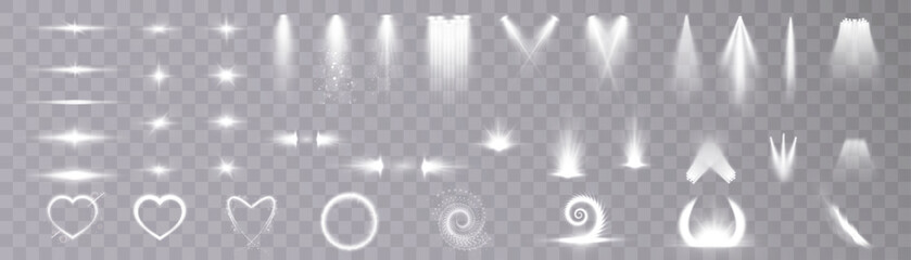 Set of lighting effects. Set of isolated white transparent light effects, spotlights, hearts, glare, explosion, lines, glitter, solar flare, and stars, curve rotation. Sunlight, abstract special effec