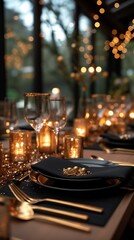 Fototapeta na wymiar Closeup wedding table decoration in black gold only, black plates, golden forks and knives, Champagne glasses with golden stripes, fancy details, dark ambient, black walls, transparent chairs, view ov