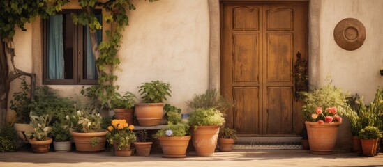 Fototapeta na wymiar wooden entry door and a potted plant