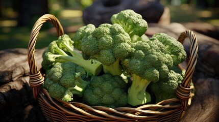 
Fresh green broccoli in a wicker basket. Broccoli in a basket close-up. Green vegetables. Broccoli harvest. Sale of vegetables.
