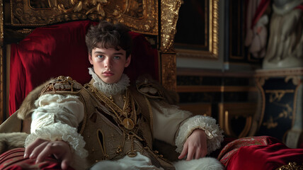 1700 spain, the very handsome 17 year old king sits in the throne room, dressed regally, morose and depressed, staring straight at camera high resolution, cinematic, fuji film, 