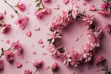 Valentine's Day Pink flower wreath on pastel background.