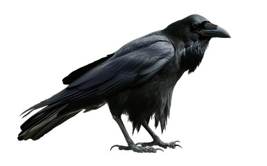 Black raven isolate on a white transparent background. A black crown is sitting, png.
