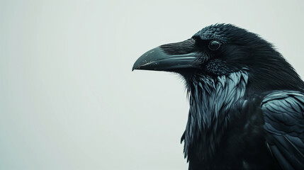 Fototapeta premium Close up portrait of black raven isolate on a white background. A black crown is sitting, png.