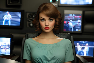 A gorgeous female newscaster sits in an armchair at the TV studio news desk