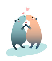 Capybaras in love. A kiss from a pair of rodents. Valentine's Day card, invitation, poster. Funny cute characters. Cartoon flat style with gradient