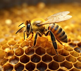 Honey bee (Apis mellifera) working on honeycomb, Ai Generated