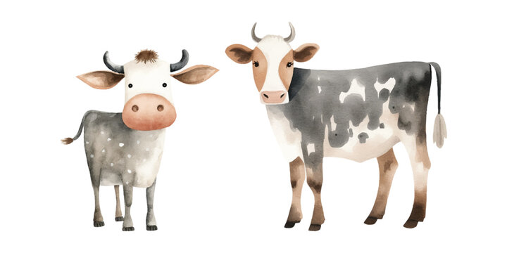 cute cow basic watercolor folk white background