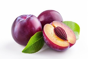 purple plum isolated on a white background. violet fruit, whole berries and half.
