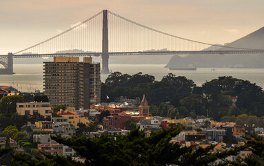 A view of the Golden Gate Bridge and the bay from Telegraph Hill, San Francisco, California, USA.