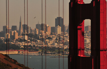 A view of San Francisco skyline through the Golden Gate Bridge, California, USA.