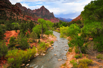 Classic view of the Virgin river and the Watchman from the Canyon Junction bridge, Zion National Park, Utah, Southwest USA	
