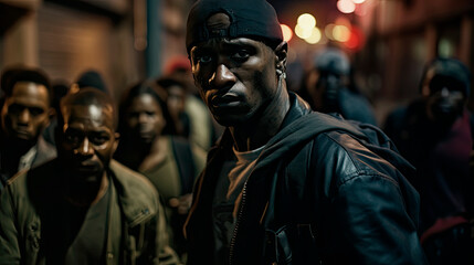 Urban Grit: Nighttime Street Portrait of a Bold Individual Amidst Blurred Street Gang
