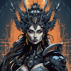 futuristic Valkyrie warrior queen drawn in Illustrative comic style. She is wearing dystopian power armor and wearing a skull crown