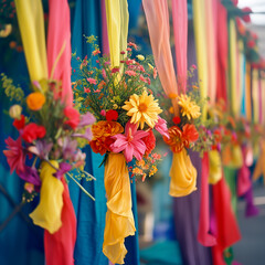 bouquet of flowers, vibrant decorations, such as colorful banners, streamers, and floral arrangements, that adorn the festival venues.
