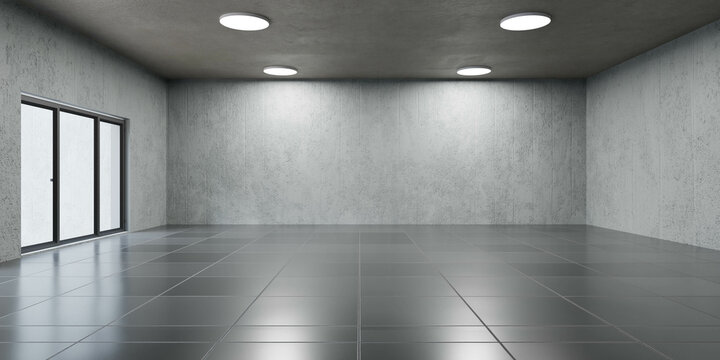 An Empty Room with a Large Window and a Concrete Wall 3d render illustration
