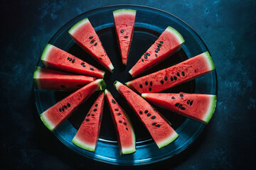 Wassermelonenscheiben auf Glasplatte mit dunklem Marmoreffekt-Hintergrund
