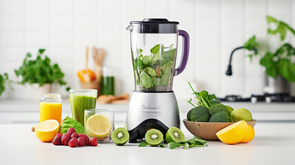 Ingredients for smoothie fresh fruits and vegetables with modern automatically mixer or blender on white kitchen table for making smoothie and juice. healthy eating concept