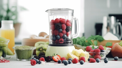 Ingredients for smoothie fresh fruits and vegetables with modern automatically mixer or blender on...