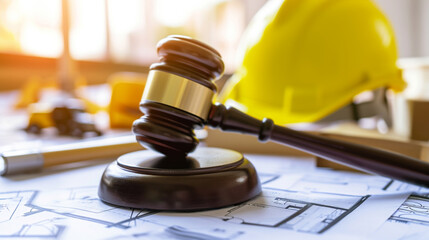 Workers Bill of Rights and Judge's Gavel, Worker Safety, Yellow hard safety helmet hat, business concept - obrazy, fototapety, plakaty