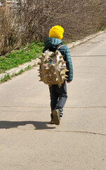 Fototapeta premium On a spring day there is a boy on the back of a funny backpack
