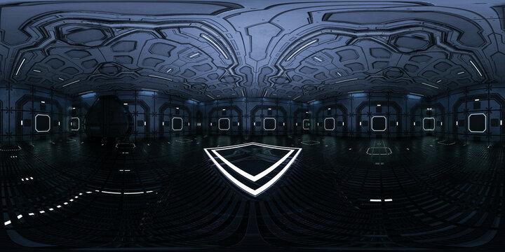 A Futuristic Room with a podium 360 panorama vr environment map 3D render illustration
