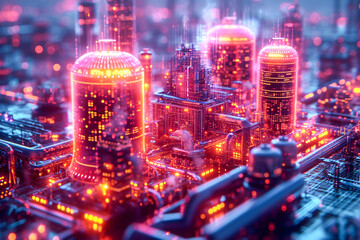 Modern futuristic city. Skyscrapers buildings with digital hologram glowing lights