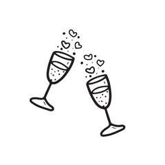 Two clinking glasses with sparkling wine, champagne and vices of love in black isolated on white background. Hand drawn vector sketch illustration in doodle vintage engraved outline, line art style.