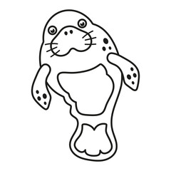 black and white cartoon manatee, linear vector illustration isolated on white background, sea animal